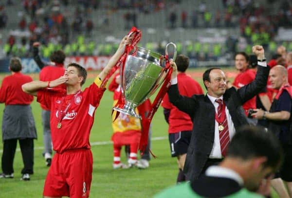 ISTANBUL, TURKEY - WEDNESDAY, MAY 25th, 2005: Liverpool manager Rafael Benitez and Steven Gerrard celebrate winning the European Cup after beating AC Milan on penalties during the UEFA Champions League Final at the Ataturk Olympic Stadium, Istanbul. (Pic by David Rawcliffe/Propaganda)