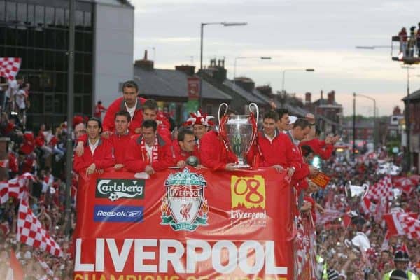 LIVERPOOL, ENGLAND - THURSDAY, MAY 26th, 2005: Liverpool players parade the European Champions Cup on on open-top bus tour of Liverpool in front of 500,000 fans after beating AC Milan in the UEFA Champions League Final at the Ataturk Olympic Stadium, Istanbul. (Pic by David Rawcliffe/Propaganda)