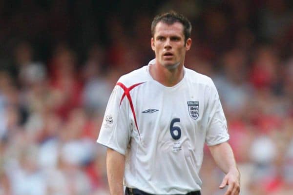 CARDIFF, WALES - SATURDAY, SEPTEMBER 3rd, 2005: England's Jamie Carragher in action against Wales during the World Cup Qualifier at the Millennium Stadium. (Pic by David Rawcliffe/Propaganda)