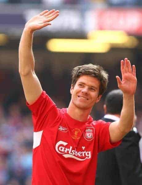 CARDIFF, WALES - SATURDAY, MAY 13th, 2006: Liverpool's Xabi Alonso celebrates winning the FA Cup after a penalties victory over West Ham United during the FA Cup Final at the Millennium Stadium. (Pic by David Rawcliffe/Propaganda)