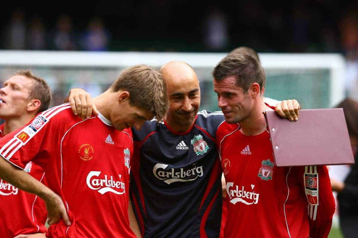 CARDIFF, WALES - SUNDAY, AUGUST 13th, 2006: Liverpool's Pako Ayesteran congratulates Steven Gerrard (L) and Jamie Carragher after beating Chelsea during the Community Shield match at the Millennium Stadium. (Pic by David Rawcliffe/Propaganda)