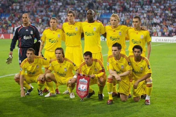 EINDHOVEN, THE NETHERLANDS - TUESDAY, SEPTEMBER 12th , 2006: Liverpool's team line-up to face PSV Eindhoven during the opening Group C UEFA Champions League match at the Philips Stadium. ..Back row L-R: goalkeeper Jose Reina, Craig Bellamy, Daniel Agger, Mohamed Sissoko, Dirk Kuyt, Fabio Aurelio. Front row L-R: Stephen Warnock, Boudewijn Zenden, Jamie Carragher, Steve Finnan and Jermaine Pennant. (Pic by David Rawcliffe/Propaganda)