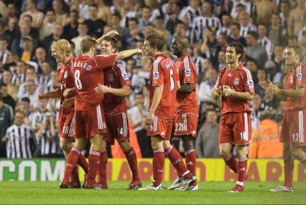 LIVERPOOL, ENGLAND - WEDNESDAY, SEPTEMBER 20th, 2006: Liverpool's Xabi Alonso celebrates amazing goal against Newcastle United with his team-mates during the Premiership match at Anfield. (Pic by David Rawcliffe/Propaganda)