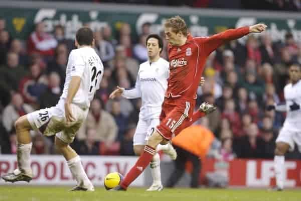 Liverpool, England - Monday, January 1, 2007: Liverpool's Peter Crouch shoots against Bolton Wanderers during the Premiership match at Anfield. (Pic by David Rawcliffe/Propaganda)