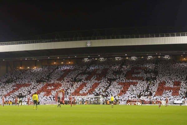Liverpool, England - Saturday, January 6, 2007: Liverpool fans on the famous Spion Kop hold up a mosaic reading 'The Truth' for six minutes to remember the 96 supporters who dies at the Hillsborough disaster in 1989 before the FA Cup 3rd Round match against Arsenal at Anfield. (Pic by David Rawcliffe/Propaganda)