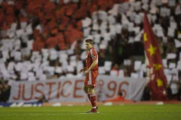 Liverpool, England - Saturday, January 6, 2007: Liverpool's captain Steven Gerrard on as the fans on the Spion Kop hold up a mosaic calling for Justice for the 96 supporters who died at the Hillsborough disaster in 1989 during the FA Cup 3rd Round match against Arsenal at Anfield. (Pic by David Rawcliffe/Propaganda)