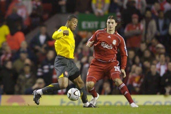 Liverpool, England - Tuesday, January 9, 2007: Liverpool's Gabriel Paletta and Arsenal's Julio Baptista during the League Cup Quarter-Final match at Anfield. (Pic by David Rawcliffe/Propaganda)