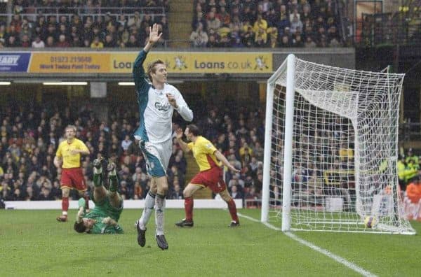 Watford, England - Saturday, January 13, 2007: Liverpool's Peter Crouch celebrates scoring the third goal, his second, against Watford during the Premiership match at Vicarage Road. (Pic by David Rawcliffe/Propaganda)