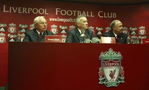 Liverpool, England - Tuesday, February 6th, 2007: Liverpool FC Chief-Executive Rick Parry (C) with American tycoons George Gillett (L) and Tom Hicks (R) after announcing their take-over of Liverpool Football Club in a deal worth around £470 million. Texan billionaire Hicks, who owns the Dallas Stars ice hockey team and the Texas Rangers baseball team, has teamed up with Montreal Canadiens owner Gillett to put together a joint £450m package to buy out shareholders, service the club's existing debt and provide funding for the planned new stadium in Stanley Park. (Pic by Dave Kendall/Propaganda)