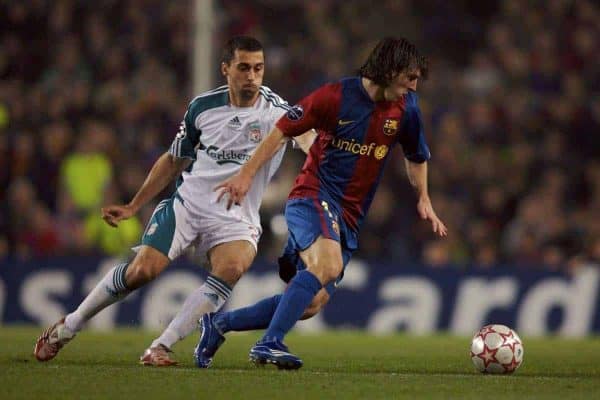 Barcelona, Spain - Wednesday, February 21, 2007: Liverpool's Alvaro Arbeloa and FC Barcelona's Lionel Messi during the UEFA Champions League First Knockout Round 1st Leg match at the Nou Camp. (Pic by David Rawcliffe/Propaganda)