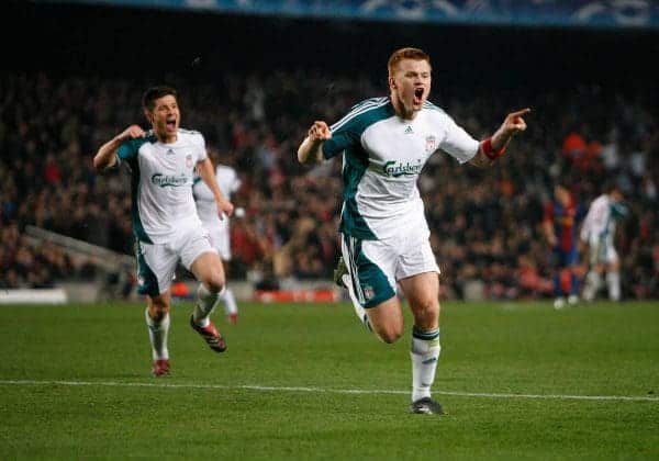 Barcelona, Spain - Wednesday, February 21, 2007: Liverpool's John Arne Riise celebrates winning the first goal against FC Barcelona during the UEFA Champions League First Knockout Round 1st Leg match at the Nou Camp. (Pic by David Rawcliffe/Propaganda)