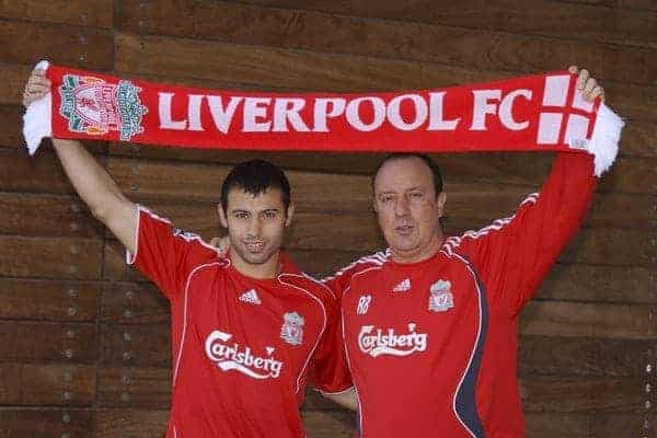 Liverpool, England - Friday, February 23, 2007: Liverpool's new signing Javier Mascherano with manager manager Rafael Benitez at a photo-call at the club's Melwood Training Ground. (Pic by David Rawcliffe/Propaganda)