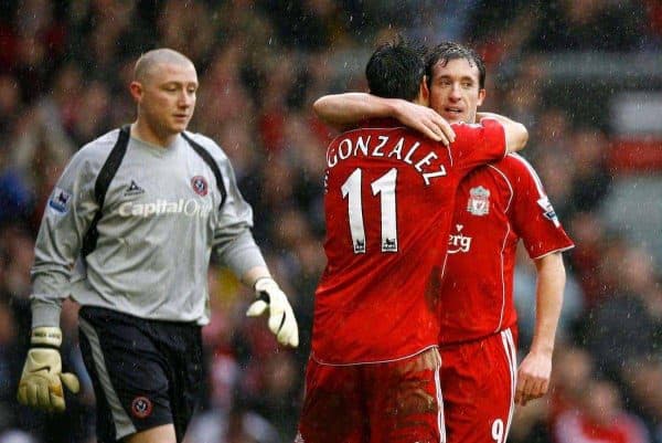Liverpool, England - Saturday, February 24, 2007: Liverpool's Robbie Fowler celebrates scoring the opening goal against Sheffield United from a penalty kick with his team-mate Mark Gonzalez, as goalkeeper Patrick Kenny looks dejected during the Premiership match at Anfield. (Pic by David Rawcliffe/Propaganda)