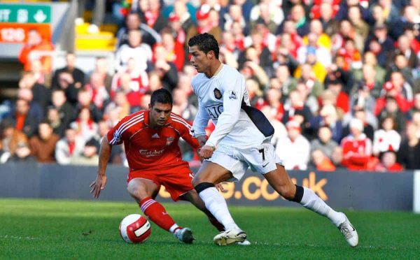 Liverpool, England - Saturday, March 3, 2007:  Liverpool's Mark Gonzalez and Manchester United's Cristiano Ronaldo during the Premiership match at Anfield. (Pic by David Rawcliffe/Propaganda)