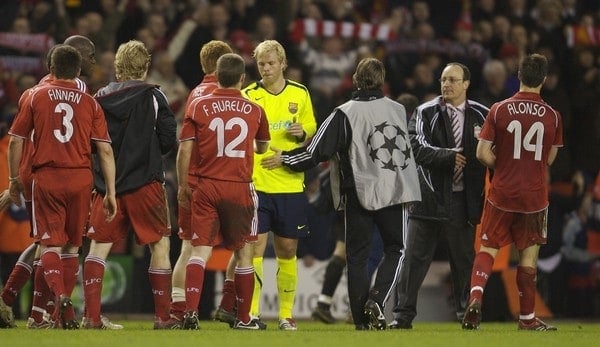 Liverpool, England - Tuesday, March 6, 2007: Liverpool's manager Rafael Benitez and FC Barcelona's Eidur Gudjohnsen during the UEFA Champions League First Knockout Round 2nd Leg at Anfield. (Pic by David Rawcliffe/Propaganda)