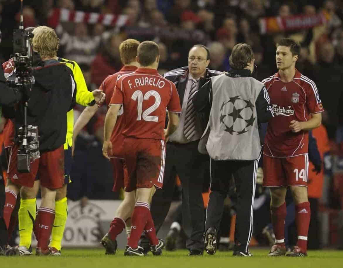 Liverpool, England - Tuesday, March 6, 2007: Liverpool's manager Rafael Benitez congratulates his players at the final whistle after knocking-out current holders FC Barcelona 2-2 on aggregate during the UEFA Champions League First Knockout Round 2nd Leg at Anfield. (Pic by David Rawcliffe/Propaganda)