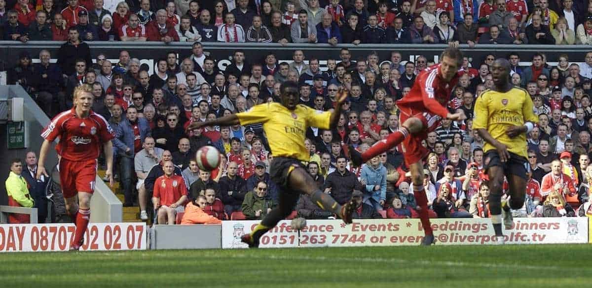 Liverpool, England - Saturday, March 3, 2007: Liverpool's Peter Crouch scores the fourth goal and completes his hat-trick against Arsenal during the Premiership match at Anfield. (Pic by David Rawcliffe/Propaganda)