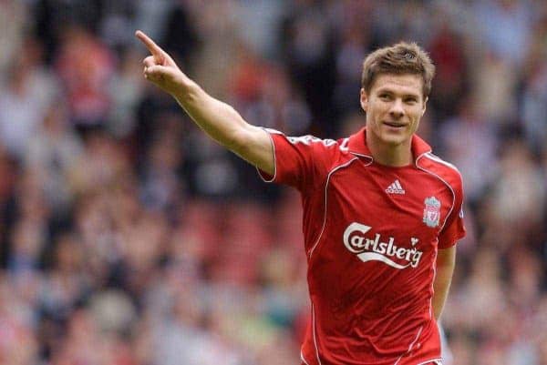 Liverpool, England - Saturday, September 1, 2007: Liverpool's Xabi Alonso celebrates scoring the fourth goal against Derby County during the Premiership match at Anfield. (Photo by David Rawcliffe/Propaganda)