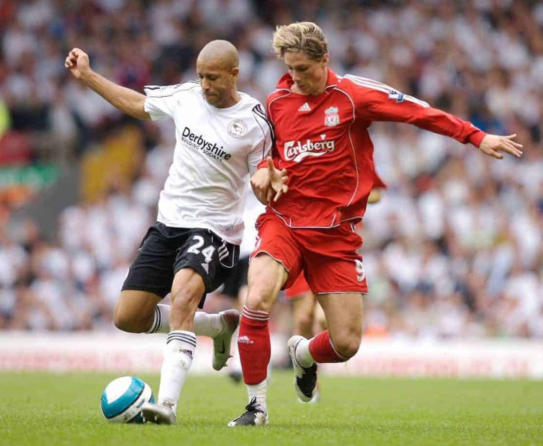 Liverpool, England - Saturday, September 1, 2007: Liverpool's Fernando Torres and Derby County's Michael Johnson during the Premiership match at Anfield. (Photo by David Rawcliffe/Propaganda)