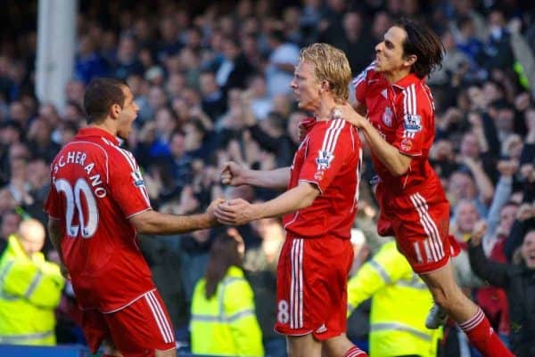 Liverpool, England - Saturday, October 20, 2007: Liverpool's Dirk Kuyt celebrates scoring the equaliser from the penalty spot against Everton with team-mates Yossi Benayoun and Javier Mascherano during the 206th Merseyside Derby match at Goodison Park. (Photo by David Rawcliffe/Propaganda)