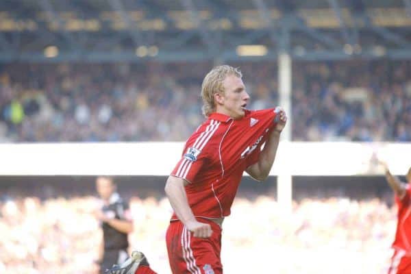 Liverpool, England - Saturday, October 20, 2007: Liverpool's Dirk Kuyt celebrates scoring the winning goal from the penalty spot against Everton during the 206th Merseyside Derby match at Goodison Park. (Photo by David Rawcliffe/Propaganda)