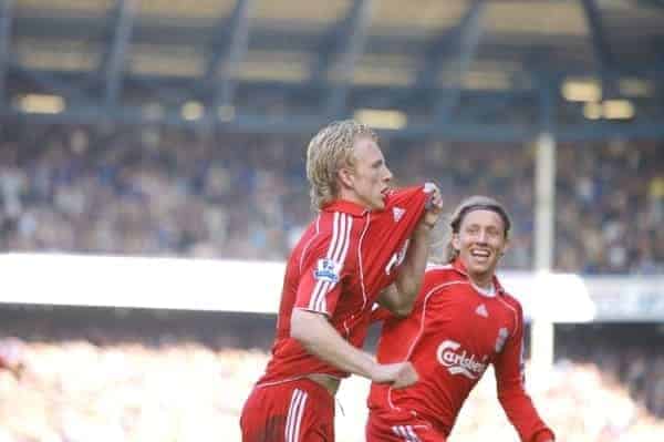 Liverpool, England - Saturday, October 20, 2007: Liverpool's Dirk Kuyt celebrates scoring the winning goal from the penalty spot against Everton with team-mate Lucas Levia during the 206th Merseyside Derby match at Goodison Park. (Photo by David Rawcliffe/Propaganda)