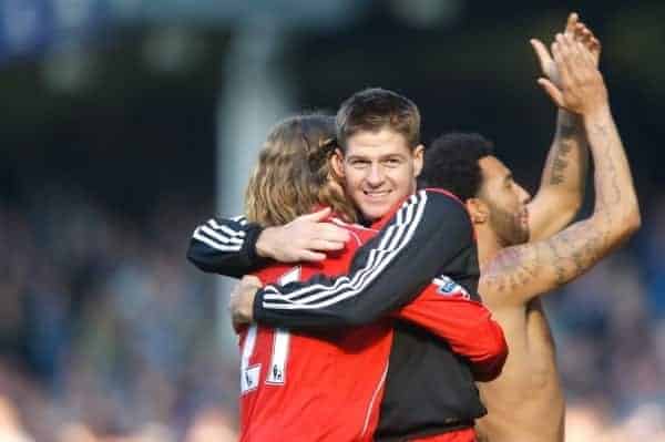 Liverpool, England - Saturday, October 20, 2007: Liverpool's Steven Gerrard MBE celebrates beating Everton 2-1 with team-mate Lucas Levia during the 206th Merseyside Derby match at Goodison Park. (Photo by David Rawcliffe/Propaganda)