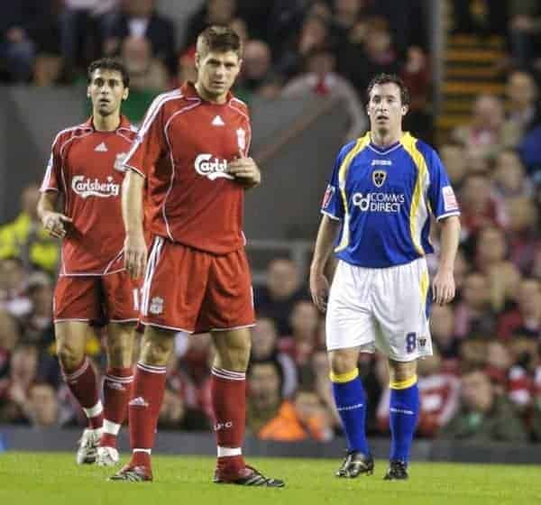 LIVERPOOL, ENGLAND - Wednesday, October 31, 2007: Liverpool's captain Steven Gerrard MBE and Cardiff City's Robbie 'God' Fowler during the League Cup 4th Round match at Anfield. (Photo by David Rawcliffe/Propaganda)