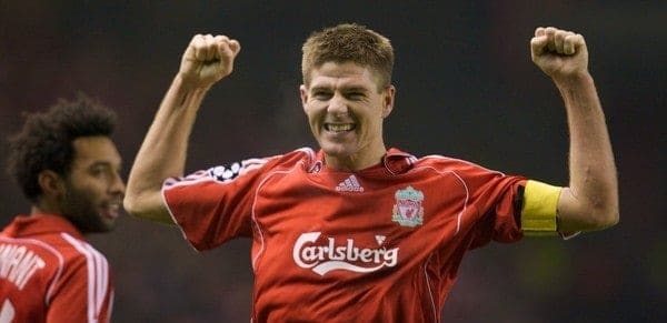 LIVERPOOL, ENGLAND - Tuesday, February 19, 2008: Liverpool's captain Steven Gerrard MBE celebrates scoring the second goal against FC Internazionale Milano during the UEFA Champions League First Knockout Round 1st Leg match at Anfield. (Photo by David Rawcliffe/Propaganda)