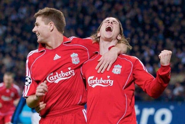 MILAN, ITALY - Tuesday, March 10, 2008: Liverpool's Fernando Torres celebrates scoring the opening goal against FC Internazionale Milano with team-mate captain Steven Gerrard MBE during the UEFA Champions League First knockout Round 2nd Leg match at the San Siro. (Pic by David Rawcliffe/Propaganda)