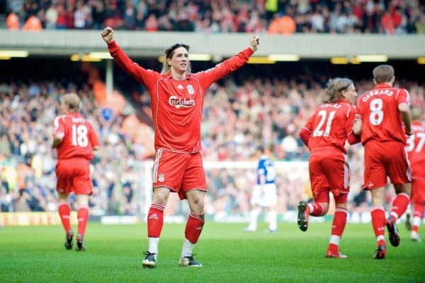 LIVERPOOL, ENGLAND - Sunday, March 30, 2008: Liverpool's Fernando Torres celebates scoring the only goal of the game against Everton during the 207th Merseyside derby, in the Premiership match at Anfield. (Photo by David Rawcliffe/Propaganda)