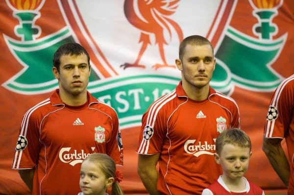 LIVERPOOL, ENGLAND - Tuesday, April 8, 2008: Liverpool's Javier Mascherano and Fabio Aurelio during the UEFA Champions League Quarter-Final 2nd Leg match at Anfield. (Photo by David Rawcliffe/Propaganda)