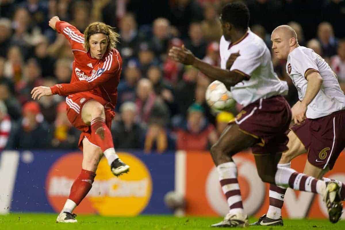 LIVERPOOL, ENGLAND - Tuesday, April 8, 2008: Liverpool's Fernando Torres turns to score the second goal against Arsenal during the UEFA Champions League Quarter-Final 2nd Leg match at Anfield. (Photo by David Rawcliffe/Propaganda)