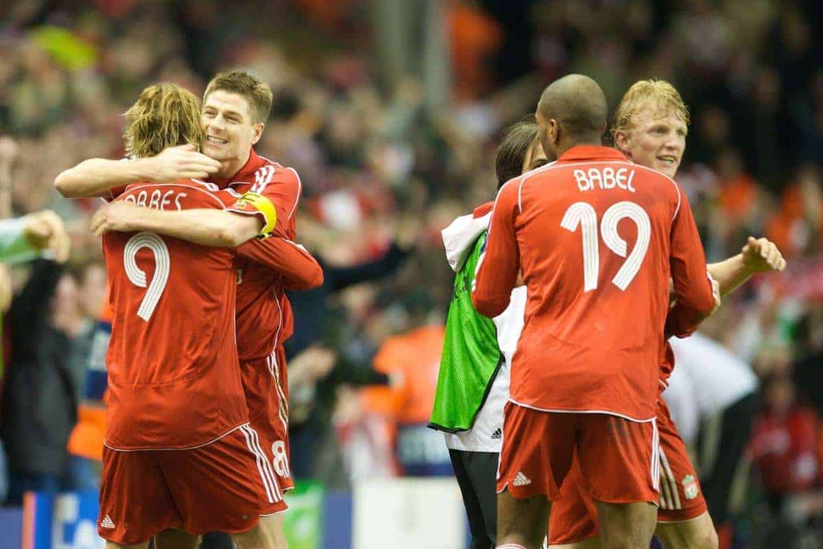 LIVERPOOL, ENGLAND - Tuesday, April 8, 2008: Liverpool's captain Steven Gerrard MBE and Fernando Torres celebrate after Gerrard's penalty made it 3-2 during the UEFA Champions League Quarter-Final 2nd Leg match against Arsenal at Anfield. (Photo by David Rawcliffe/Propaganda)