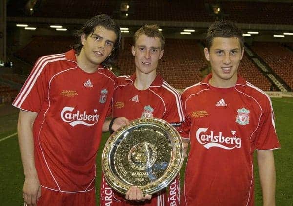 LIVERPOOL, ENGLAND - Wednesday, May 7, 2008: Liverpool's goalscorers Jordy Brouwer (L) and Krisztian Nemeth (R) with captain Stephen Darby (C) celebrates with the trophy after beating Aston Villa 3-0 during the play-off final of the FA Premier League Reserve League at Anfield. (Photo by David Rawcliffe/Propaganda)