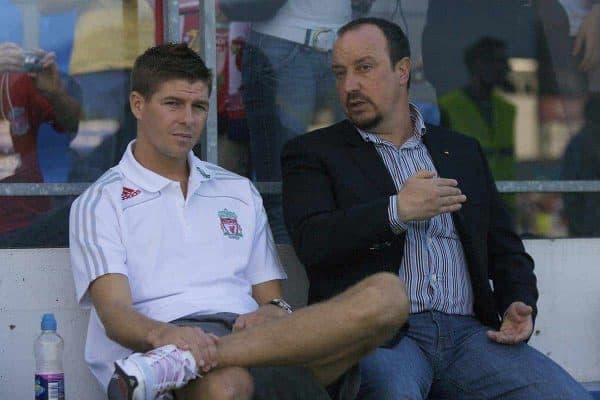 GRENCHEN, SWITZERLAND - Wednesday, July 16, 2008: Liverpool's captain Steven Gerrard MBE and manager Rafael Benitez during a pre-season friendly at Stadion Bruhl. (Photo by David Rawcliffe/Propaganda)