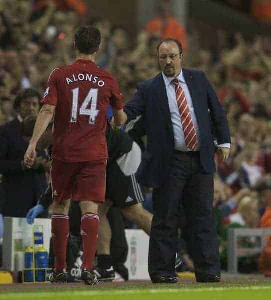 LIVERPOOL, ENGLAND - Friday, August 8, 2008: Liverpool's Xabi Alonso shaks hands with manager Rafael Benitez after being substituted during a pre-season friendly match against SS Lazio at Anfield. (Photo by David Rawcliffe/Propaganda)