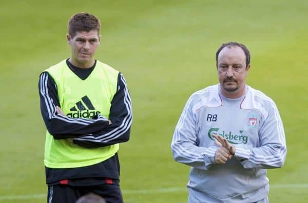 LIEGE, BELGIUM - Tuesday, August 12, 2008: Liverpool's manager Rafael Benitez and captain Steven Gerrard MBE during a training session ahead of the UEFA Champions League 3rd Qualifying Round match against Royal Standard de Lie?ge at the Stade Maurice Dufrasne. (Photo by David Rawcliffe/Propaganda)