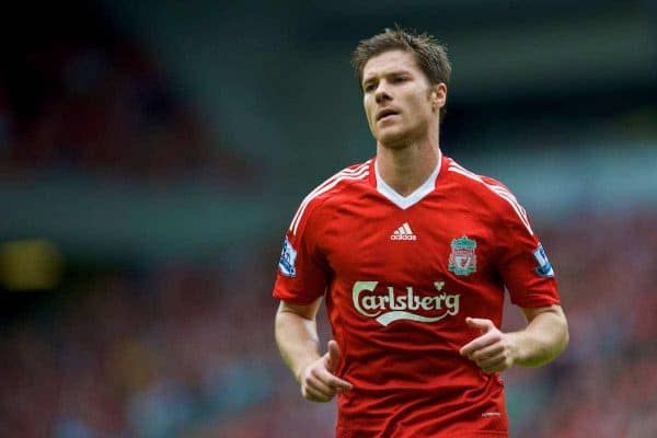 LIVERPOOL, ENGLAND - Saturday, August 23, 2008: Liverpool's Xabi Alonso against Middlesbrough during the Premiership match at Anfield. (Photo by David Rawcliffe/Propaganda)