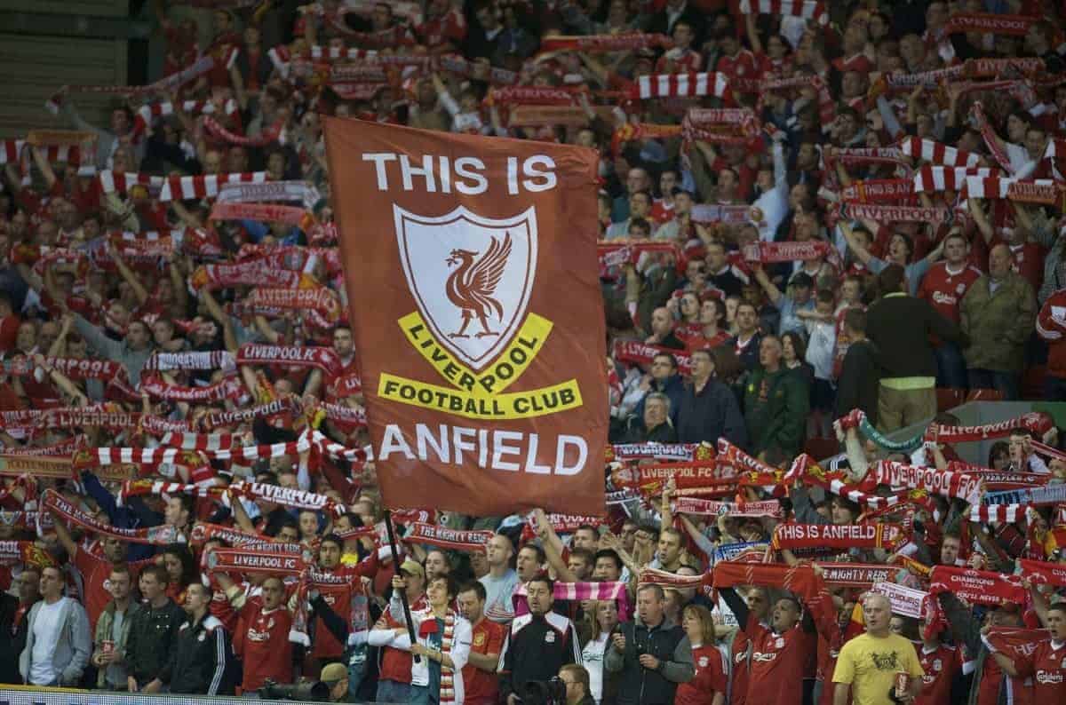 LIVERPOOL, ENGLAND - Wednesday, August 27, 2008: Liverpool supporters on the Spion Kop during the UEFA Champions League 3rd Qualifying Round 2nd Leg match against Royal Standard de Liege at Anfield. (Photo by David Rawcliffe/Propaganda)