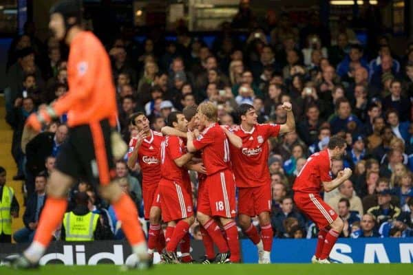 LONDON, ENGLAND - Sunday, October 26, 2008: Liverpool's players Dirk Kuyt, Albert Riera and Robbie Keane celebrates the opening goal against Chelsea scored by Xabi Alonso (hidden) during the Premiership match at Stamford Bridge. (Photo by David Rawcliffe/Propaganda)