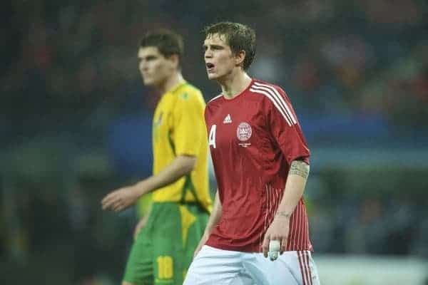 COPENHAGEN, DENMARK - Wednesday, November 19, 2008: Denmark's Daniel Agger in action against Denmark during the international friendly match at the Brøndby Stadium. (Photo by David Rawcliffe/Propaganda)