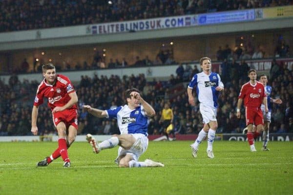 BLACKBURN, ENGLAND - Saturday, December 6, 2008: Liverpool's captain Steven Gerrard MBE scores the third goal against Blackburn Rovers to seal the three points at 3-1 during the Premiership match at Ewood Park. (Photo by David Rawcliffe/Propaganda)