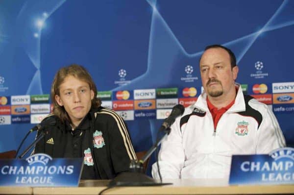 EINDHOVEN, THE NETHERLANDS - Monday, December 8, 2008: Liverpool's manager Rafael Benitez and Lucas Leiva during a press conference at the Philips Stadium ahead of the final UEFA Champions League Group D mach against PSV Eindhoven. (Photo by David Rawcliffe/Propaganda)