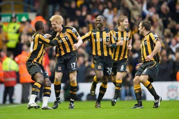 LIVERPOOL, ENGLAND - Saturday, December 13, 2008: Hull City's Paul McShane celebrates scoring the opening goal against Liverpool with his team-mates during the Premiership match at Anfield. (Photo by David Rawcliffe/Propaganda)