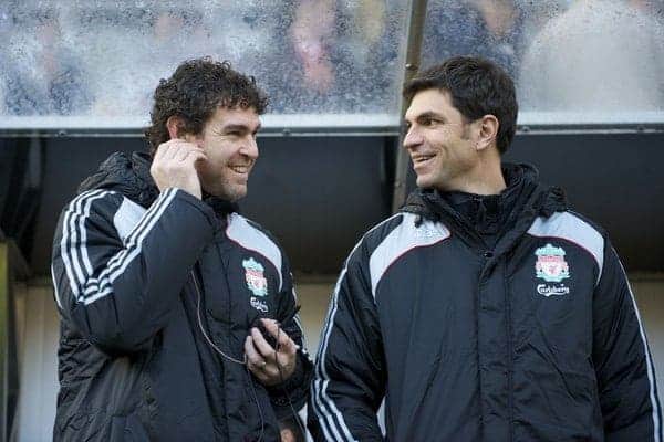 NEWCASTLE, ENGLAND - Sunday, December 28, 2008: Liverpool's goalkeeping coach Xavi Valero and first team coach Mauricio Pellegrino during the Premiership match against Newcastle United at St James' Park. (Photo by David Rawcliffe/Propaganda)