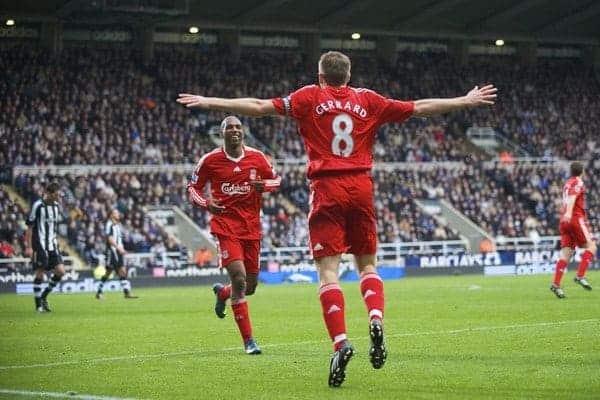 NEWCASTLE, ENGLAND - Sunday, December 28, 2008: It's all over now... Liverpool's captain Steven Gerrard MBE celebrates scoring the fourth goal against Newcastle United during the Premiership match at St James' Park. (Photo by David Rawcliffe/Propaganda)