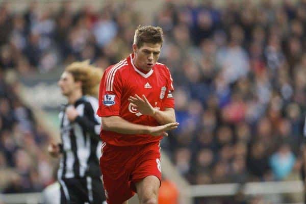 NEWCASTLE, ENGLAND - Sunday, December 28, 2008: It's all over now... Liverpool's two-goal hero captain Steven Gerrard MBE celebrates scoring the fourth goal against Newcastle United during the Premiership match at St James' Park. (Photo by David Rawcliffe/Propaganda)