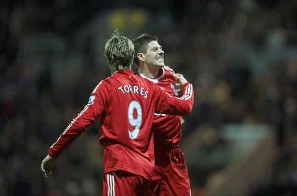 PRESTON, ENGLAND - Saturday, January 3, 2009: Liverpool's captain Steven Gerrard MBE and Fernando Torres celebrate Fernando Torres' late goal to make the final score 2-0 against Preston North End during the FA Cup 3rd Round match at Deepdale. (Photo by David Rawcliffe/Propaganda)