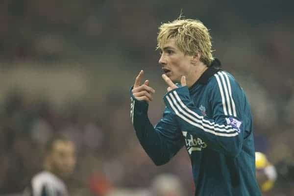 STOKE-ON-TRENT, ENGLAND - Saturday, January 10, 2009: Liverpool's Fernando Torres can't believe it as a blatant decision goes against him against Stoke City during the Premiership match at the Britannia Stadium. (Photo by David Rawcliffe/Propaganda)